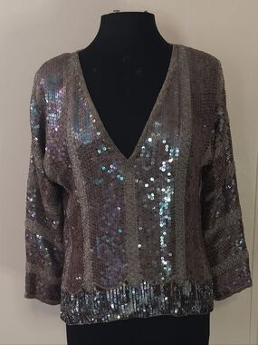 Sequin V-Neck Blouse in Iridescent Taupe